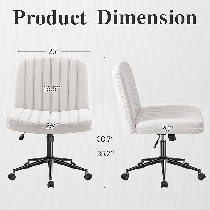 Criss Cross Legged Chair with Wheels, Armless Swivel Wide Padded Height Adjustable Fabric Home Office, Beige - LeafyLoom