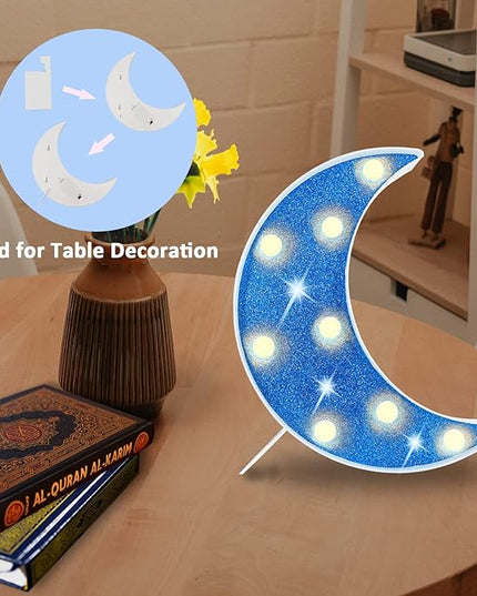 LED Moon Marquee Lights, Glitter LED Lighted Moon Lamp Decoration, Battery Operated Crescent Moon Night Light for Ramadan Home Table Baby Shower Party Decor, Shiny Blue Moon - LeafyLoom