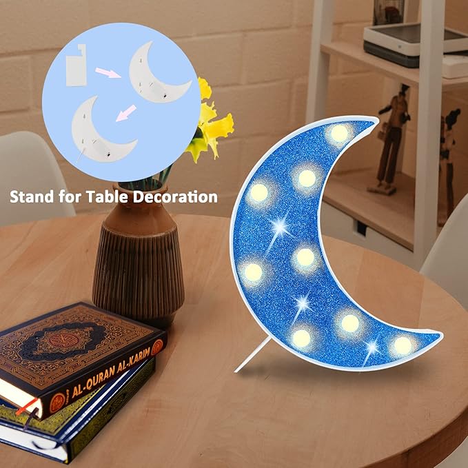 LED Moon Marquee Lights, Glitter LED Lighted Moon Lamp Decoration, Battery Operated Crescent Moon Night Light for Ramadan Home Table Baby Shower Party Decor, Shiny Blue Moon - LeafyLoom