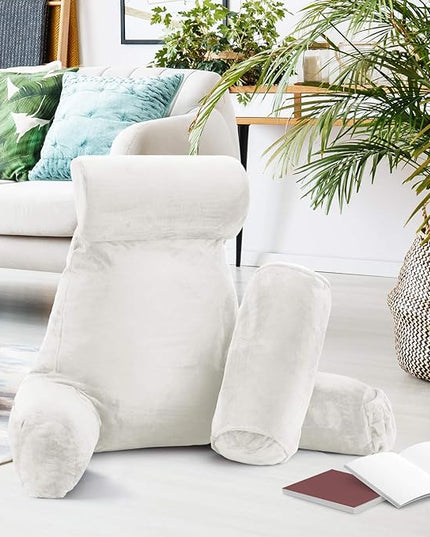 Clara Clark Reading Pillow, Large Back Pillow for Sitting Up in Bed, Memory Foam Back Support Pillow, Reading Pillows for Sitting in Bed Adult, White Sit Up Pillow for Bed Chair with Arms and Pockets - LeafyLoom