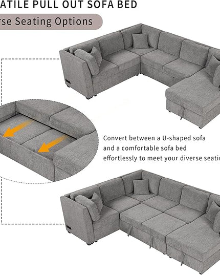 U Shaped Reversible Pull Out Sleeper Sectional Sofa Convertible Corner Couch Bed with Storage Chaise Lounge , 6 Seater Chenille Upholstered Sofa&Couch wth USB Ports, 2 Power Sockets for Living Room - LeafyLoom