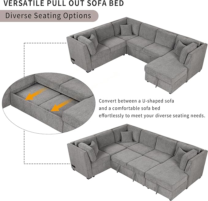 U Shaped Reversible Pull Out Sleeper Sectional Sofa Convertible Corner Couch Bed with Storage Chaise Lounge , 6 Seater Chenille Upholstered Sofa&Couch wth USB Ports, 2 Power Sockets for Living Room - LeafyLoom