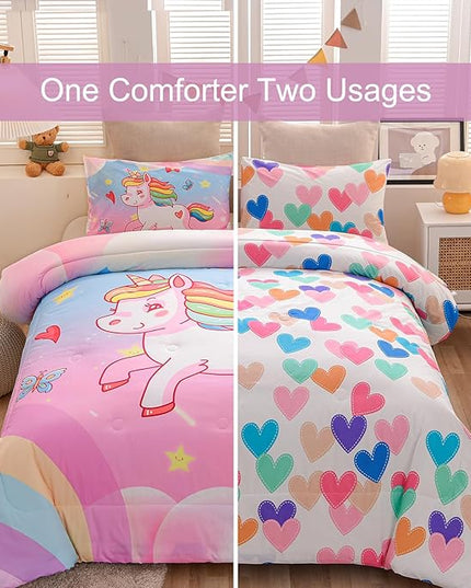 Aimuan Girls Unicorn Comforter Set 3 Pieces Pink Purple Bedding Set with Rainbow Star Galaxy Stars Fantasy Children Room Decor Soft Reversible Bed Sets for Boys/Girls/Teens (Pink Blue Twin3Pcs) - LeafyLoom
