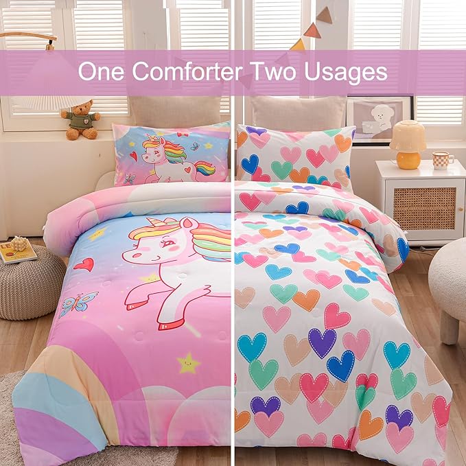 Aimuan Girls Unicorn Comforter Set 3 Pieces Pink Purple Bedding Set with Rainbow Star Galaxy Stars Fantasy Children Room Decor Soft Reversible Bed Sets for Boys/Girls/Teens (Pink Blue Twin3Pcs) - LeafyLoom