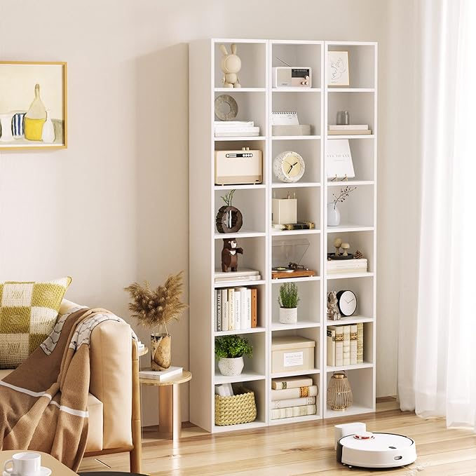 FOTOSOK 8-Tier Media Tower Rack, 11.6 X 9.3 X 70.9 Inches CD DVD Slim Storage Cabinet with Adjustable Shelves, Tall Narrow Bookcase Display Bookshelf for Home Office, white - LeafyLoom