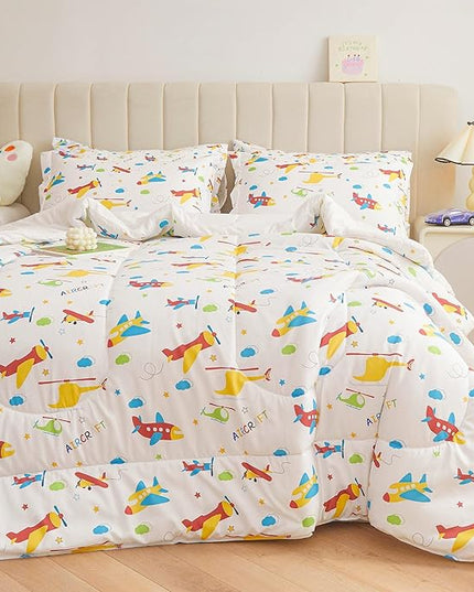 Mooreeke Bed in a Bag for Kids Boys Teens, 7 Pieces Full Size Aircraft Print Comforter Bed Set with Shams, Sheet Set, Airplane White Super Soft Microfiber Kids Comforter Bedding Set - LeafyLoom
