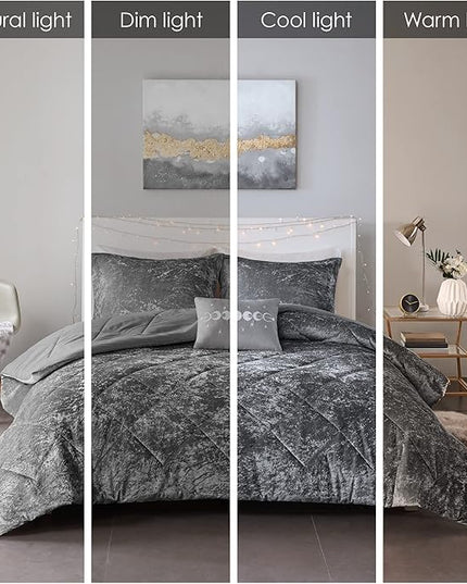 Intelligent Design Queen Comforter Set, Velvet Comforter Set , Luxury Diamond Quilting Comforter Set, Fluffy Comforter Bed Set with Decorative Pillowand 2 Shams, 4 Piece Grey, Full/Queen - LeafyLoom