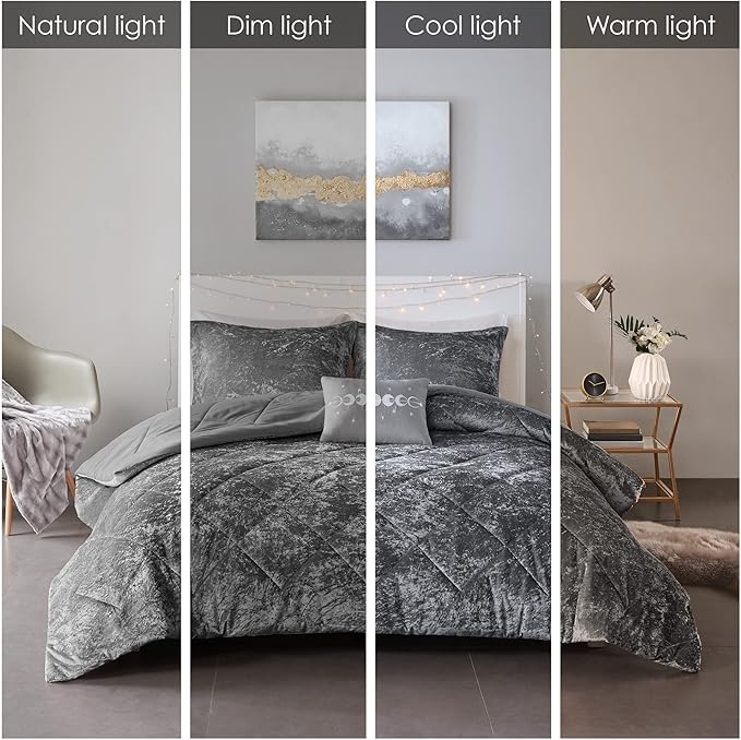 Intelligent Design Queen Comforter Set, Velvet Comforter Set , Luxury Diamond Quilting Comforter Set, Fluffy Comforter Bed Set with Decorative Pillowand 2 Shams, 4 Piece Grey, Full/Queen - LeafyLoom