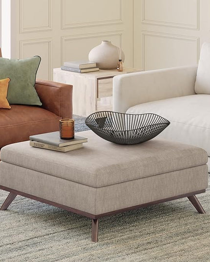 SIMPLIHOME Owen 36 Inch Wide Mid Century Modern Square Coffee Table Lift Top Storage Ottoman in Upholstered Natural Taupe Faux Leather, For the Living Room - LeafyLoom