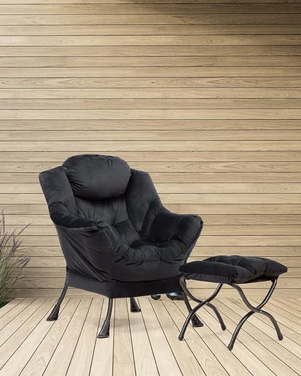 HollyHOME Modern Fabric Large Lazy Chair, Accent Oversized Comfy Reading Chair, Thick Padded Cozy Lounge Chair with Armrest, Steel Frame Leisure Sofa Chair for Living Room, Bedroom, Dorm, Black - LeafyLoom