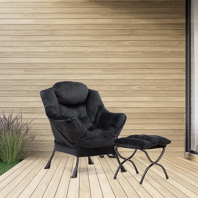 HollyHOME Modern Fabric Large Lazy Chair, Accent Oversized Comfy Reading Chair, Thick Padded Cozy Lounge Chair with Armrest, Steel Frame Leisure Sofa Chair for Living Room, Bedroom, Dorm, Black - LeafyLoom