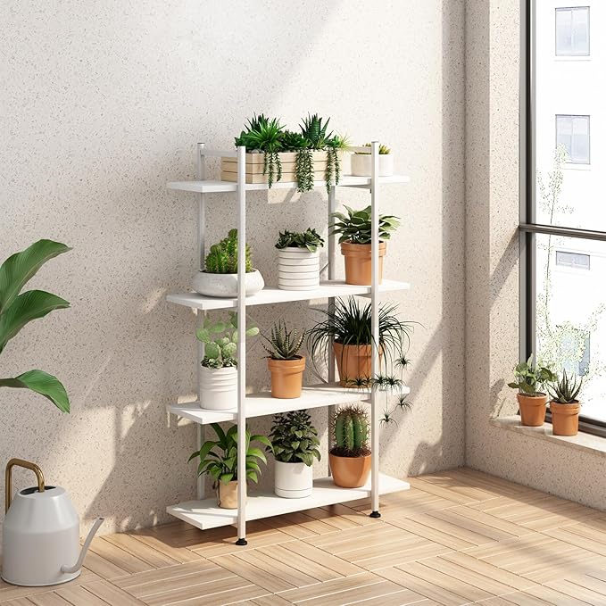 Bookshelf 4 Tiers White Wooden Storage Shelf,Modern Open Display Storage Bookcase Book Organizer,Metal Bookshelf Standing Storage Shelf Tall Shelving Units for Home Office Study - LeafyLoom