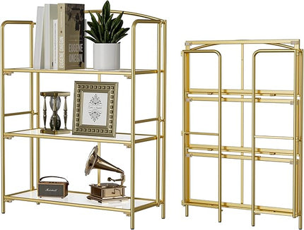 No Assembly Folding Bookshelf for Living Room, 3 Tier Gold Collapsible Book Shelf for Home Office, Portable Bookcase Storage Organizer - LeafyLoom