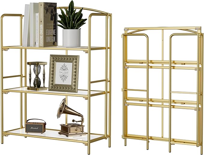No Assembly Folding Bookshelf for Living Room, 3 Tier Gold Collapsible Book Shelf for Home Office, Portable Bookcase Storage Organizer - LeafyLoom