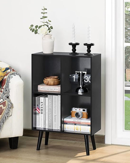 YAHARBO 4 Cube Black Bookshelf, Small Black Narrow Book shelf, 3 Tier Modern Bookcase with Legs,Bookshelves Wood Storage Shelf, Rustic Book Shelves Cube Organizer, Display Bookcase - LeafyLoom