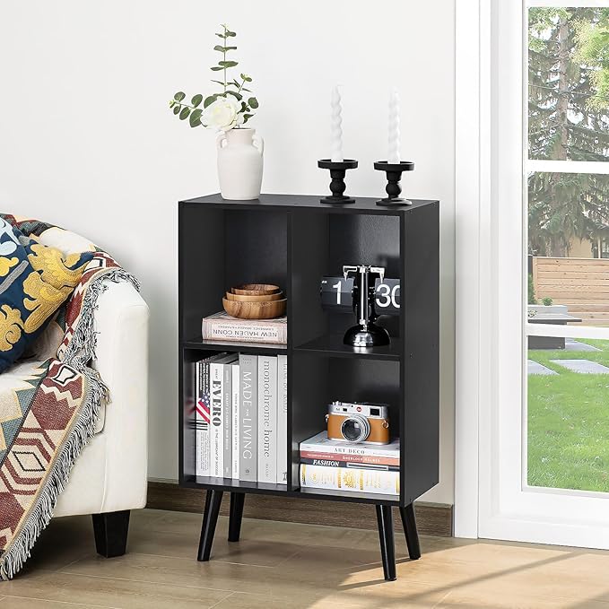 YAHARBO 4 Cube Black Bookshelf, Small Black Narrow Book shelf, 3 Tier Modern Bookcase with Legs,Bookshelves Wood Storage Shelf, Rustic Book Shelves Cube Organizer, Display Bookcase - LeafyLoom