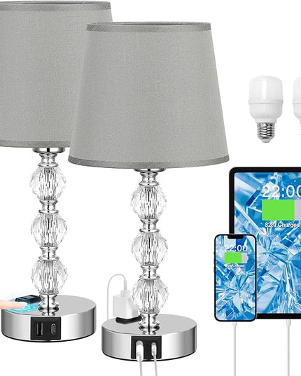 Acaxin Lamps for Bedrooms Set of 2 Nightstand- Crystal Table Lamps with USB C+A Ports & AC Outlet for Charging, 3 Way Dimmable Touch Silver Small Bed Side Table Lamp for Living Room/Guest Room - LeafyLoom