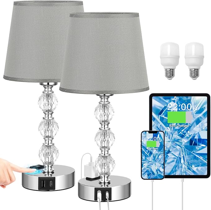 Acaxin Lamps for Bedrooms Set of 2 Nightstand- Crystal Table Lamps with USB C+A Ports & AC Outlet for Charging, 3 Way Dimmable Touch Silver Small Bed Side Table Lamp for Living Room/Guest Room - LeafyLoom