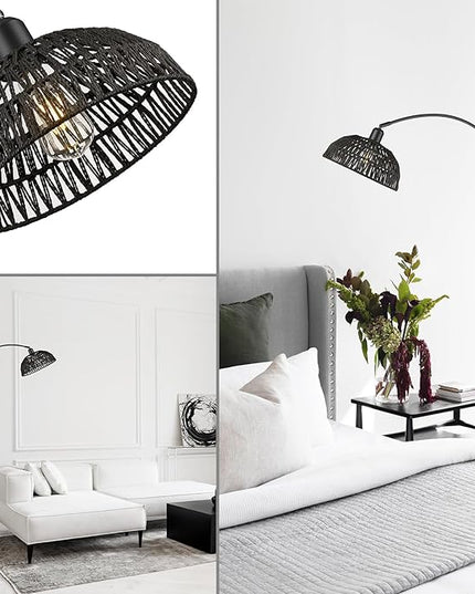 Rattan Floor Lamp, Retro Boho Arc Standing Lamp with Remote Control and Dimmable Bulb Farmhouse Bamboo Lamp Shade Floor Light Industrial Tall Lamp (Black) - LeafyLoom