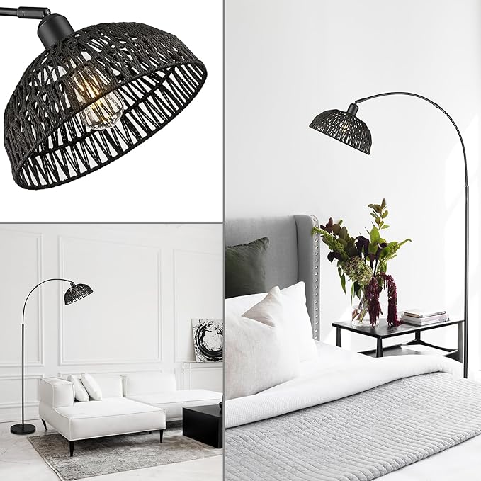 Rattan Floor Lamp, Retro Boho Arc Standing Lamp with Remote Control and Dimmable Bulb Farmhouse Bamboo Lamp Shade Floor Light Industrial Tall Lamp (Black) - LeafyLoom