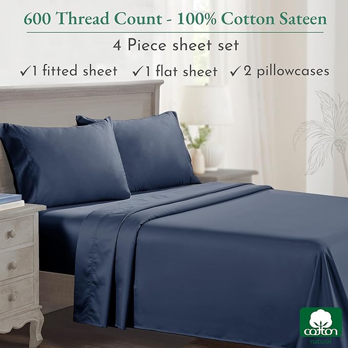 California Design Den - Luxury Full Size Sheet Set - 100% Cotton, 600 Thread Count Deep Pocket Full Size Bed Sheets, Hotel-Quality Cooling Sheets with Sateen Weave - Royal Navy Blue - LeafyLoom