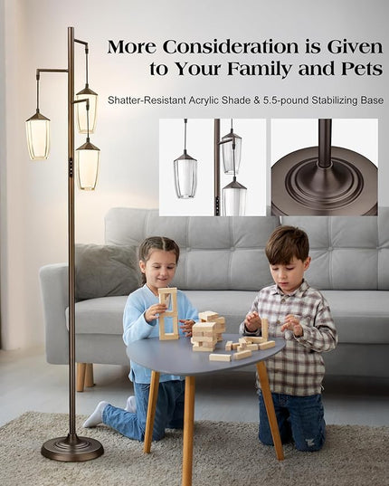 ELYONA Rustic Dimmable Floor Lamp for Bedroom, 24W LED Reading Light Remote & Touch Control, Stepless Adjustable 2200K-6500K Colors & Brightness, 3-Light Standing Lamp for Living Room Office, Bronze - LeafyLoom