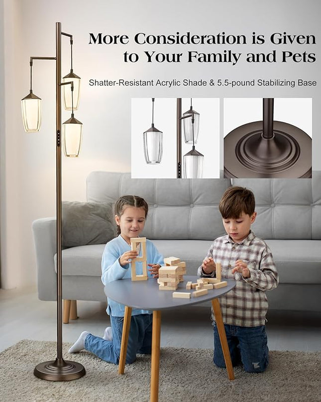 ELYONA Rustic Dimmable Floor Lamp for Bedroom, 24W LED Reading Light Remote & Touch Control, Stepless Adjustable 2200K-6500K Colors & Brightness, 3-Light Standing Lamp for Living Room Office, Bronze - LeafyLoom