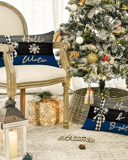 AVOIN colorlife Merry Christmas Joy Xmas Trees Blue and Black Throw Pillow Covers, 12 x 20 Inch Christmas Winter Holiday Cushion Case Decoration for Sofa Couch Set of 4 AVOINcolorlife