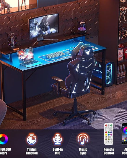 Computer Desk with USB Power Outlets and LED Lights, 47 inch Gaming desk with Monitor Stand for Small Space Home Office, Modern Simple Study Writing Table PC Desks, Black - LeafyLoom