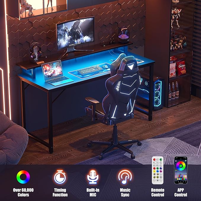 Computer Desk with USB Power Outlets and LED Lights, 47 inch Gaming desk with Monitor Stand for Small Space Home Office, Modern Simple Study Writing Table PC Desks, Black - LeafyLoom