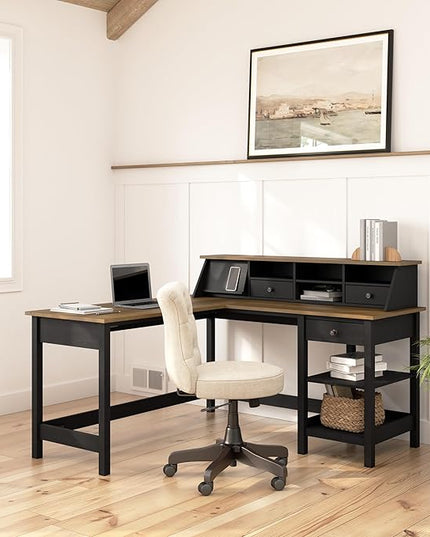 Bush Furniture Mayfield 60W L Shaped Computer Desk with Storage and Desktop Organizer in Vintage Black and Reclaimed Pine | Storage for Home Office Workspace - LeafyLoom