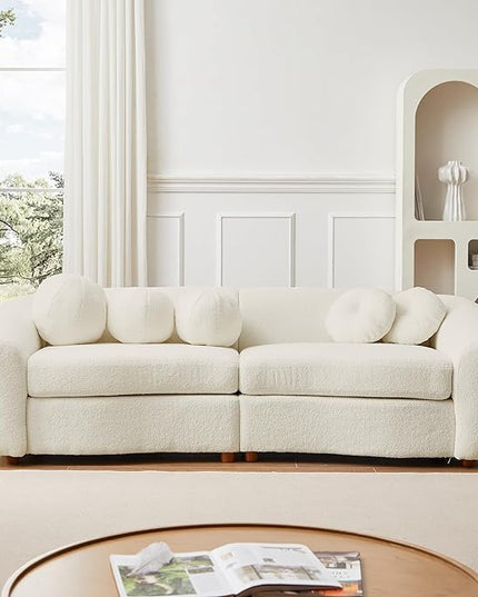 Seater Sofa&Couch Modern Cloud Curved Sofa Comfy Boucle Couch, Luxury 3 Teddy Fabric Upholstered Leisure Deap Seat Sectional Sofá with 5 Decorative Throw Pillows for Living Room, 87.7", Beige-338 - LeafyLoom