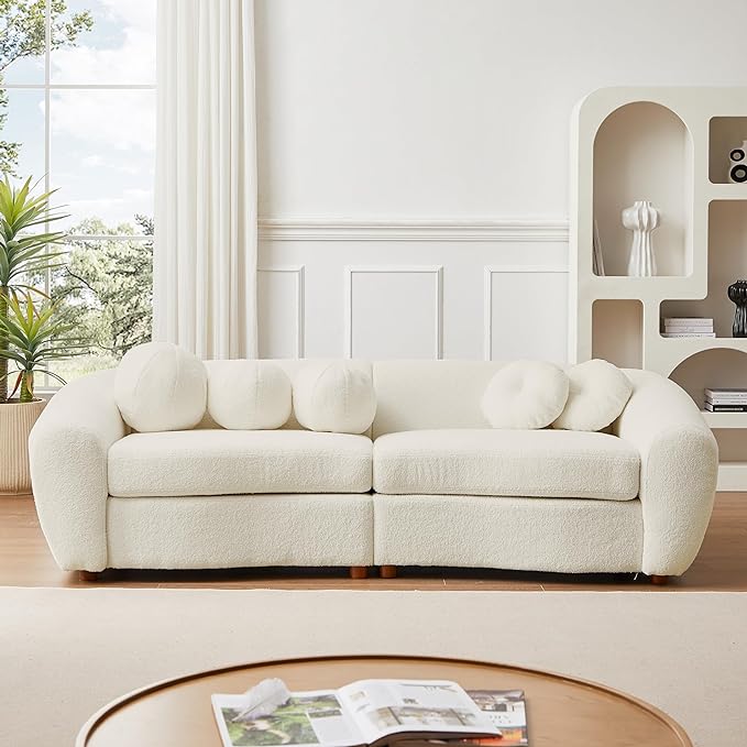 Seater Sofa&Couch Modern Cloud Curved Sofa Comfy Boucle Couch, Luxury 3 Teddy Fabric Upholstered Leisure Deap Seat Sectional Sofá with 5 Decorative Throw Pillows for Living Room, 87.7", Beige-338 - LeafyLoom