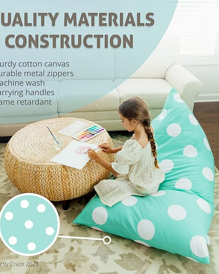 Butterfly Craze Bean Bag Chair Cover, Functional Toddler Toy Organizer, Fill with Stuffed Animals to Create a Jumbo, Comfy Floor Lounger for Boys or Girls, Stuffing Not Included, Aqua Polka Dots - LeafyLoom