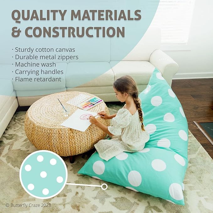 Butterfly Craze Bean Bag Chair Cover, Functional Toddler Toy Organizer, Fill with Stuffed Animals to Create a Jumbo, Comfy Floor Lounger for Boys or Girls, Stuffing Not Included, Aqua Polka Dots - LeafyLoom