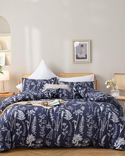 JANZAA Queen Comforter Set Bedding Comforter Sets Navy Blue Floral Comforter Set with 2 Pillow Cases Microfiber Soft for All Seasons - LeafyLoom