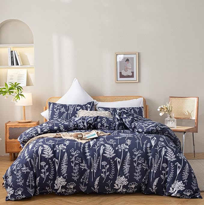 JANZAA Queen Comforter Set Bedding Comforter Sets Navy Blue Floral Comforter Set with 2 Pillow Cases Microfiber Soft for All Seasons - LeafyLoom