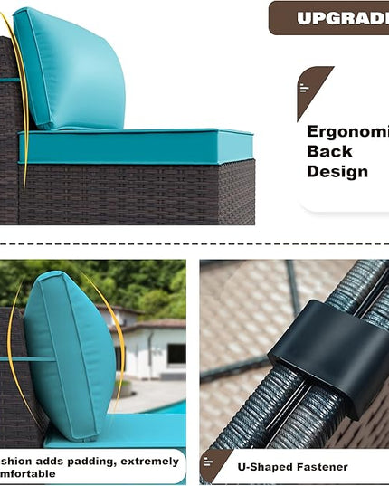 Patio Furniture Set Sofa 12-Pieces Wicker Sectional Sofa Set, Outdoor Furniture Rattan Patio Conversation Set with Thickened Cushions and Glass Coffee Table, Blue - LeafyLoom