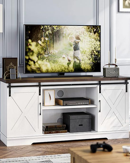 IDEALHOUSE Farmhouse TV Stand, Entertainment Center for 65 Inch TV Media Console Table, White Barn Door TV Stand with Storage and Shelves, Modern TV Console Cabinet Furniture for Living Room - LeafyLoom