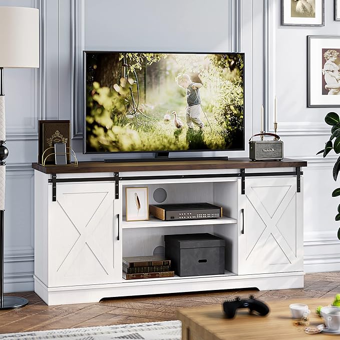 IDEALHOUSE Farmhouse TV Stand, Entertainment Center for 65 Inch TV Media Console Table, White Barn Door TV Stand with Storage and Shelves, Modern TV Console Cabinet Furniture for Living Room - LeafyLoom