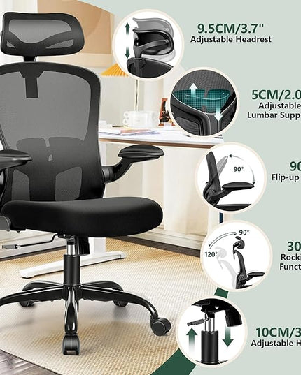 FelixKing Office Chair Ergonomic Desk Chair with Headrest, High Back Computer Chair with Adjustable Lumbar Support and Wheels,Executive Swivel Comfy Chair with flip-up Armrests for Home Office - LeafyLoom