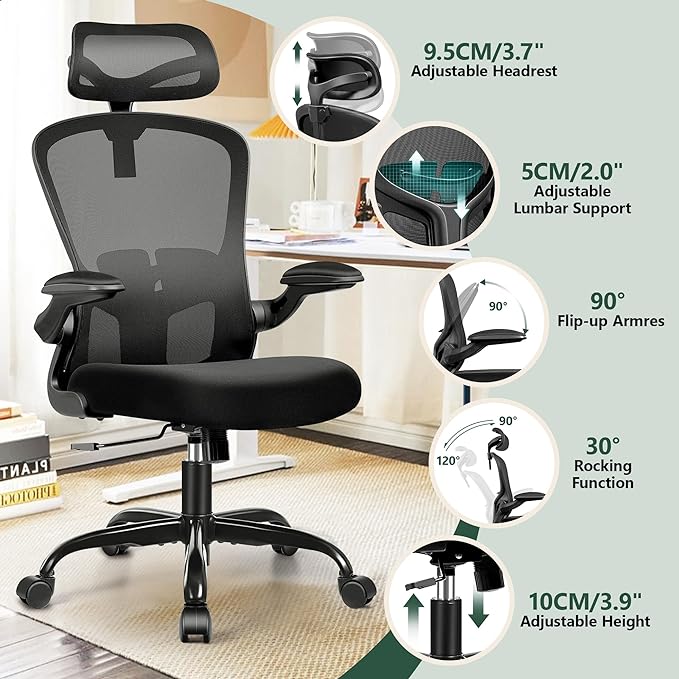 FelixKing Office Chair Ergonomic Desk Chair with Headrest, High Back Computer Chair with Adjustable Lumbar Support and Wheels,Executive Swivel Comfy Chair with flip-up Armrests for Home Office - LeafyLoom
