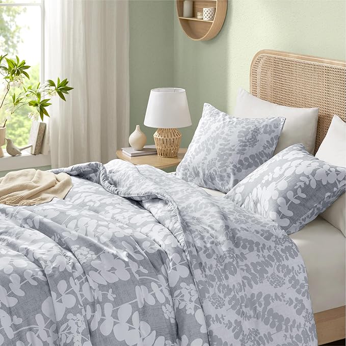 Codi Gray Floral Comforter Set King Size, Botanical Bedding Sets | Nature Style, Unique Reversible Design, Better for Spring and Summer | Leaf Print 3 Pieces - LeafyLoom