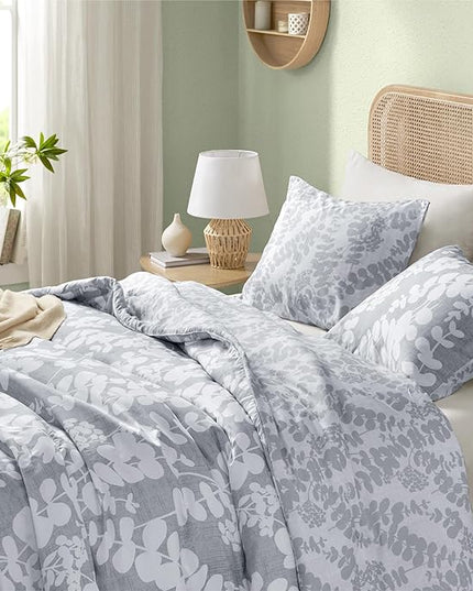 Codi Gray Floral Comforter Set Queen Size, Botanical Bedding Sets | Nature Style, Unique Reversible Design, Better for Spring and Summer | Leaf Print 3 Pieces - LeafyLoom