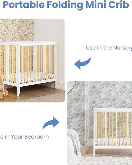 Delta Children Mia Portable Folding Mini Crib with 1.5-Inch Mattress - Greenguard Gold Certified, Bianca White/Natural - LeafyLoom