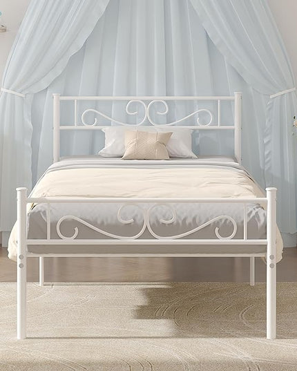 VECELO Twin Size Bed Frame with Headboard, 14 Inch Metal Platform Mattress Foundation, No Boxing Spring Needed, Squeak Resistant, Easy Assembly, White - LeafyLoom