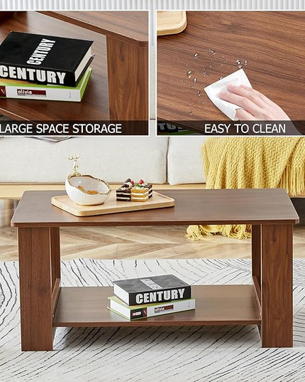 Farmhouse Wood Coffee Table - Boho Tea Table with Storage Shelf, Rectangle Center Table Wood Look Accent Table, 2-Tier Sofa Side Table Modern Rectangular Coffee Table Living Room Furniture - LeafyLoom