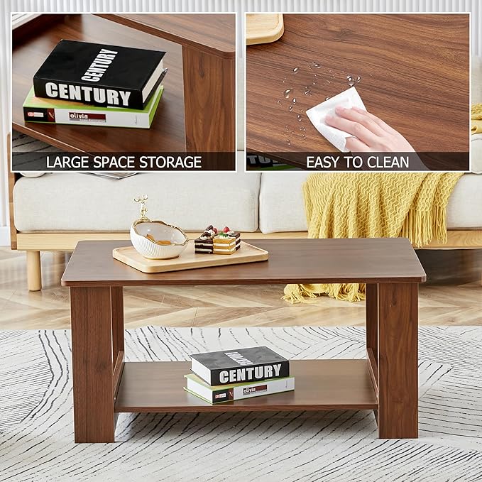 Farmhouse Wood Coffee Table - Boho Tea Table with Storage Shelf, Rectangle Center Table Wood Look Accent Table, 2-Tier Sofa Side Table Modern Rectangular Coffee Table Living Room Furniture - LeafyLoom
