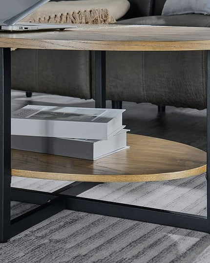 Solid Wood Oval Coffee Table with Cross Metal Legs, 43.3in Modern Industrail Center Table with Open Shelf Cocktail Tea Table for Living Room Bedroom, Rustic Nature 1811 - LeafyLoom