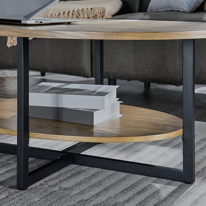 Solid Wood Oval Coffee Table with Cross Metal Legs, 43.3in Modern Industrail Center Table with Open Shelf Cocktail Tea Table for Living Room Bedroom, Rustic Nature 1811 - LeafyLoom